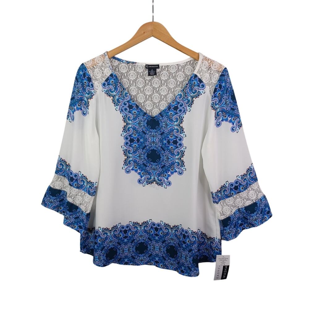 New Directions Boho Peasant Tunic Top Size S White Blue Lace Trim Semi Sheer NWT